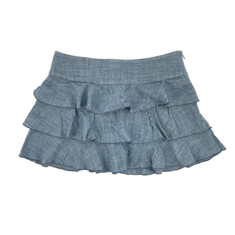Y2K Express Blue Chambray Ruffle Mini Skirt Womens Size 8 Coquette Girly Casual